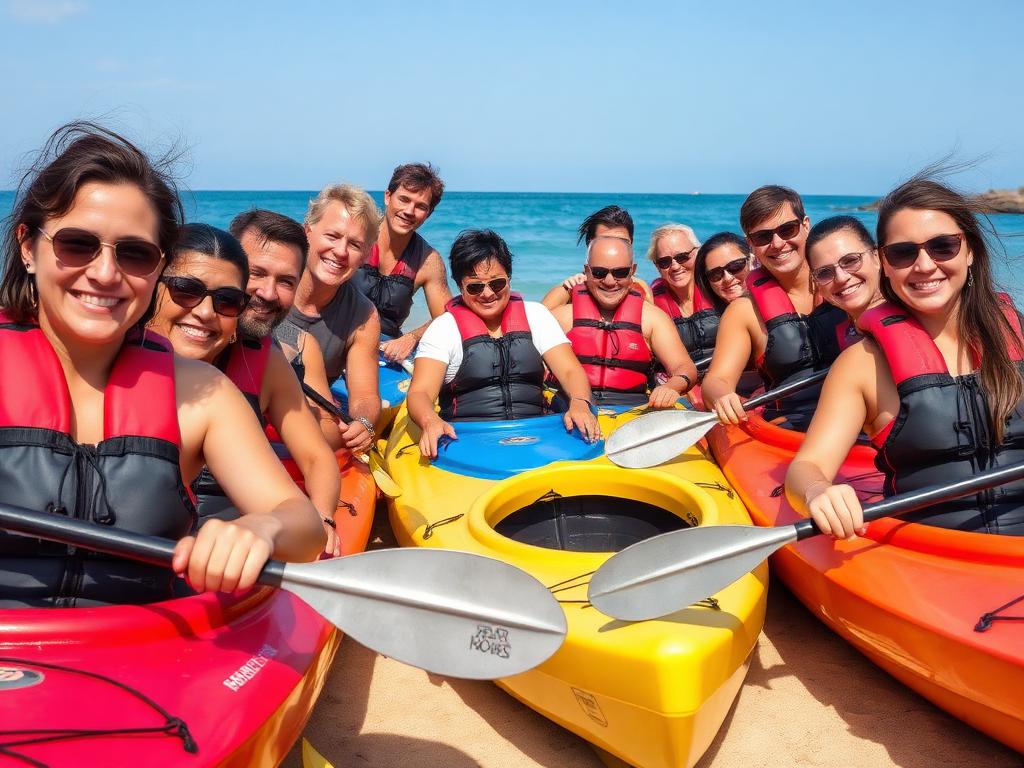 A smiling community group in life jackets beside kayaks on the beach