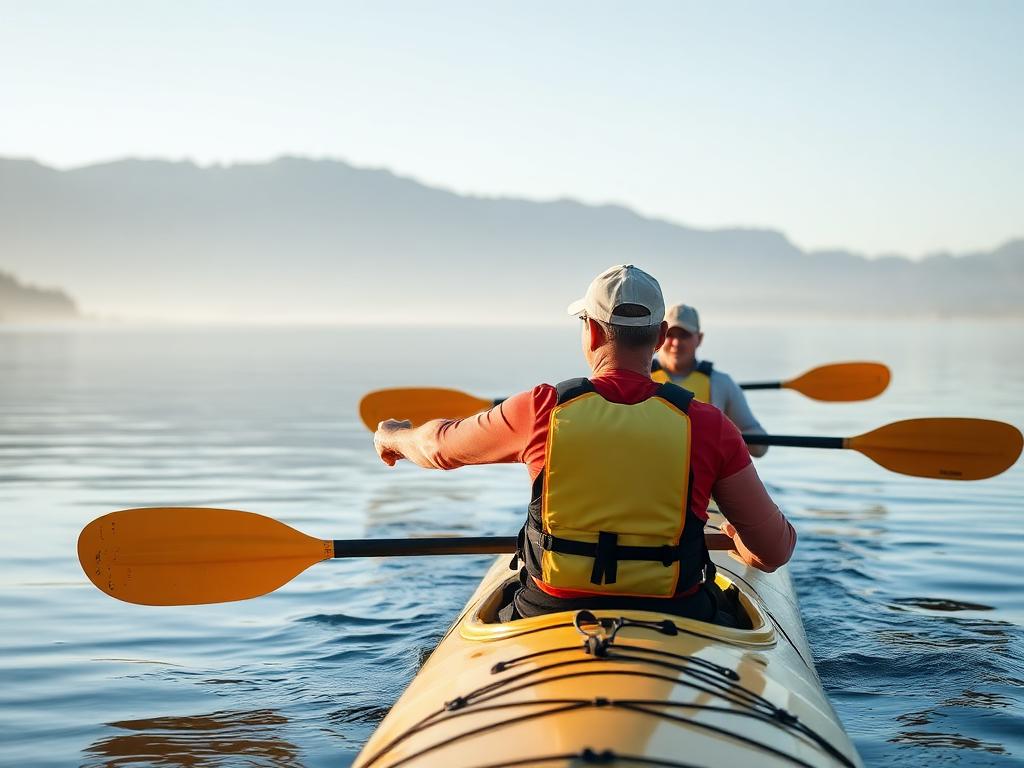 A guide leading a small group of kayakers across still morning water