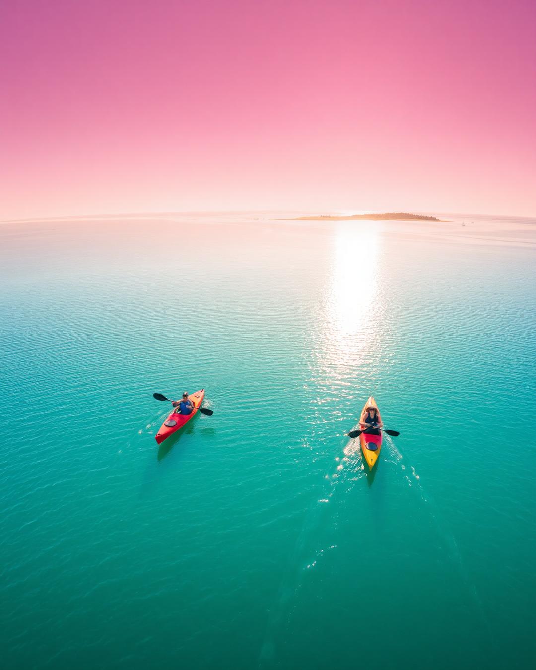 Two kayakers gliding across the calm turquoise Gold Coast Broadwater at sunrise