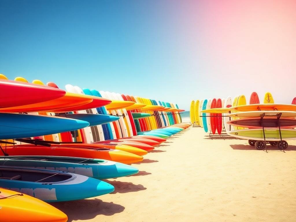 Colourful kayaks and stand-up paddle boards racked on the beach ready for hire