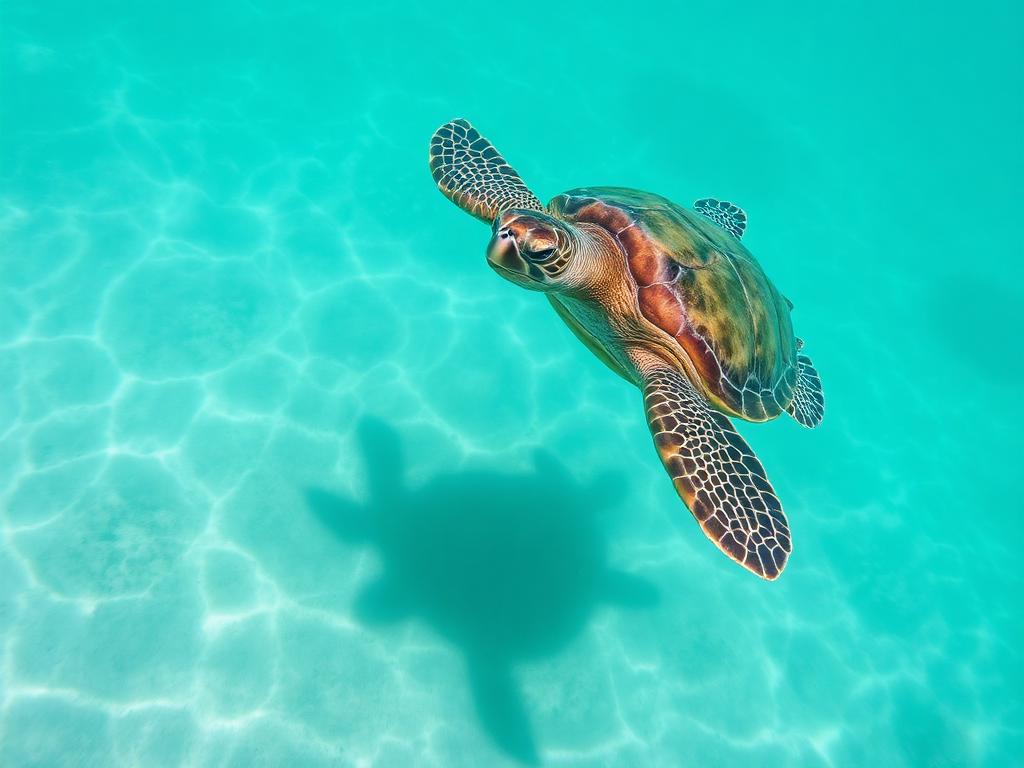 A green turtle swimming in clear shallow turquoise water